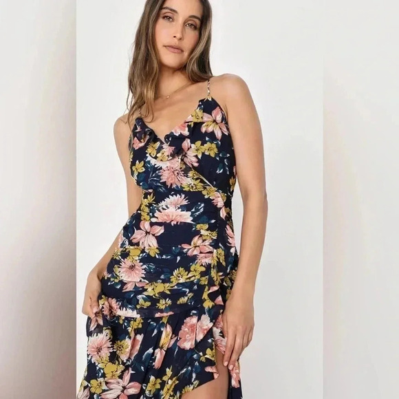 Lulus Stunning Soiree Navy Blue Floral Ruched Midi Dress - Picture 6 of 8